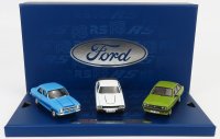 FORD  -  BOX SET 3X 1970s FORD RS COLLECTION - ESCORT MKI RS 2000 1974 - CAPRI MKI RS 3100 1971 - ESCORT MKII RS 2000 1976 - OLYMPIC BLUE - DIAMOND WHITE - JAVA GREEN
