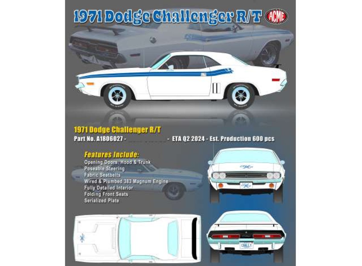 Modèle réduit Dodge Challenger R/t, White With Blue Stripes 1971 1/18