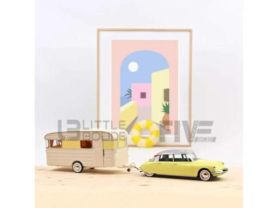 Citroën DS 19 1960 Jonquille Jaune avec Caravane Digue Panoramic 1/18 de Norev