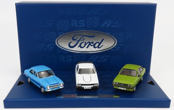 FORD  -  BOX SET 3X 1970s FORD RS COLLECTION - ESCORT MKI RS 2000 1974 - CAPRI MKI RS 3100 1971 - ESCORT MKII RS 2000 1976 - OLYMPIC BLUE - DIAMOND WHITE - JAVA GREEN