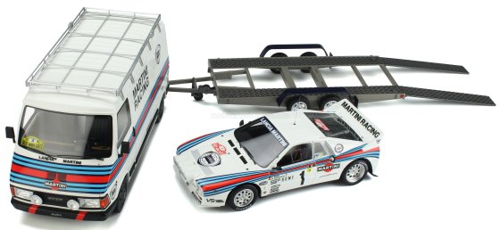 LANCIA - RALLY SET - 037 TEAM MARTINI RACING Gr.B (night version) N 1 WINNER RALLY MONTECARLO 1983 WALTER ROHRL - CHRISTIAN GEISTDORFER + FIAT 242 VAN ASSISTANCE WITH TRAILER