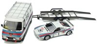 LANCIA - RALLY SET - 037 TEAM MARTINI RACING Gr.B (night version) N 1 WINNER RALLY MONTECARLO 1983 WALTER ROHRL - CHRISTIAN GEISTDORFER + FIAT 242 VAN ASSISTANCE WITH TRAILER