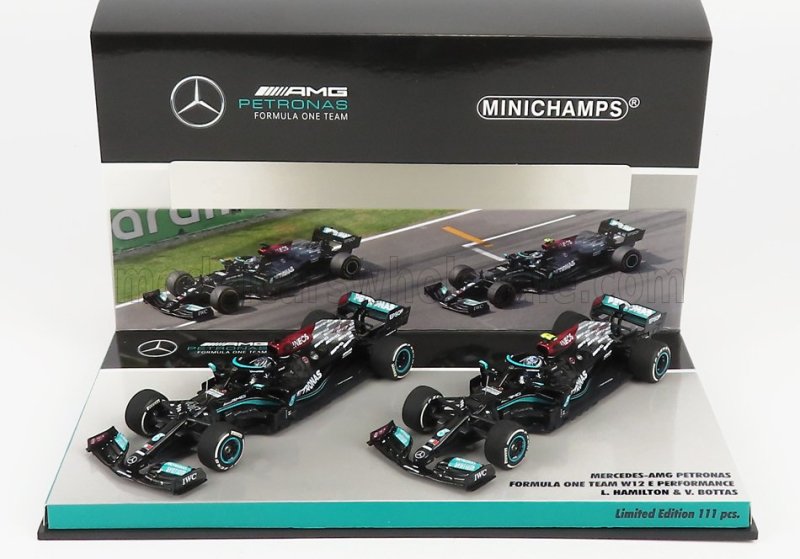 MERCEDES GP - F1 SET 2X W12 MERCEDES M12 EQ POWER+ TEAM AMG PETRONAS MOTORSPORT FORMULA ONE N 44 SEASON 2021 LEWIS HAMILTON + N 77 SEASON 2021 VALTTERI BOTTAS