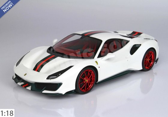   Ferrari 488 Pista - metalen diecast - volledig open Italiaans wit metallic met groene en rode streep - LUXURY PACK - INCLUSIEF VOETSTUK EN VITRINE
